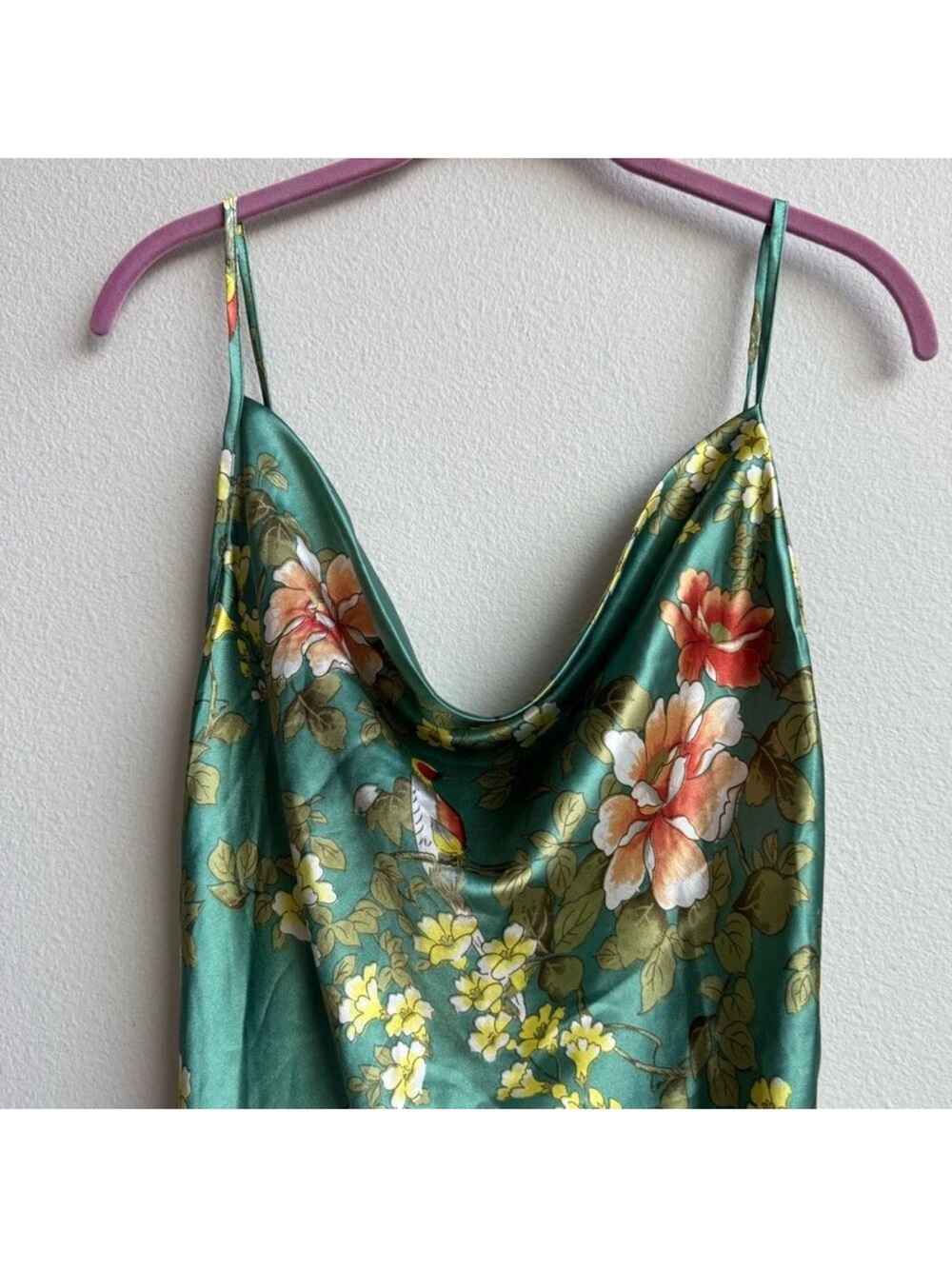 BOGO Green Floral Drape Neck Chest Strappy Mini Dress Satin - Picture 2 of 5